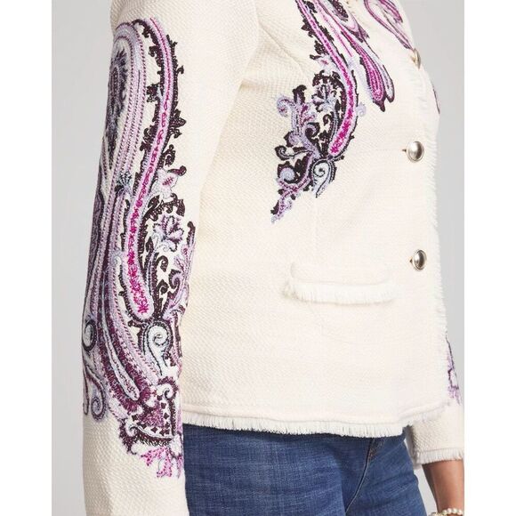 Chico’s Embroidered Paisley Lady Jacket size 1 US M Cream Purple Button Front - Picture 3 of 14